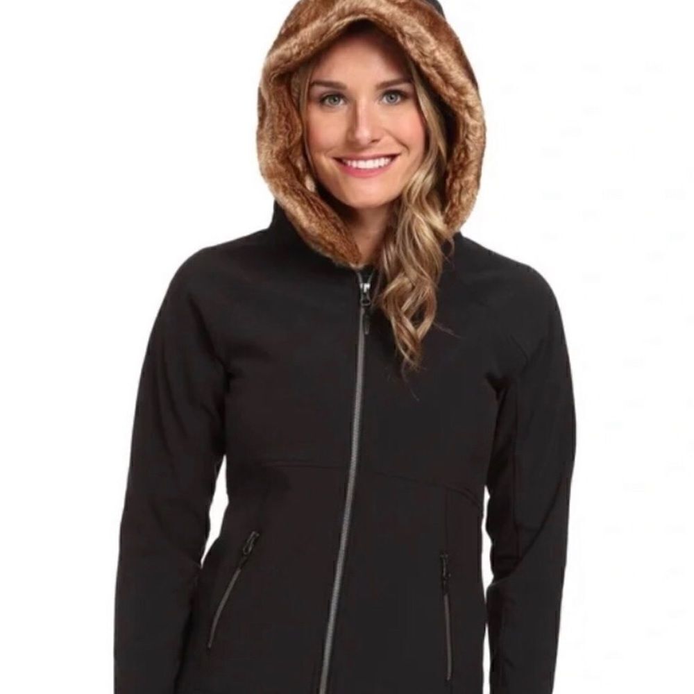 Marmot Furlong Soft Shell Brown Hooded Fur Trim Zip Up Jacket